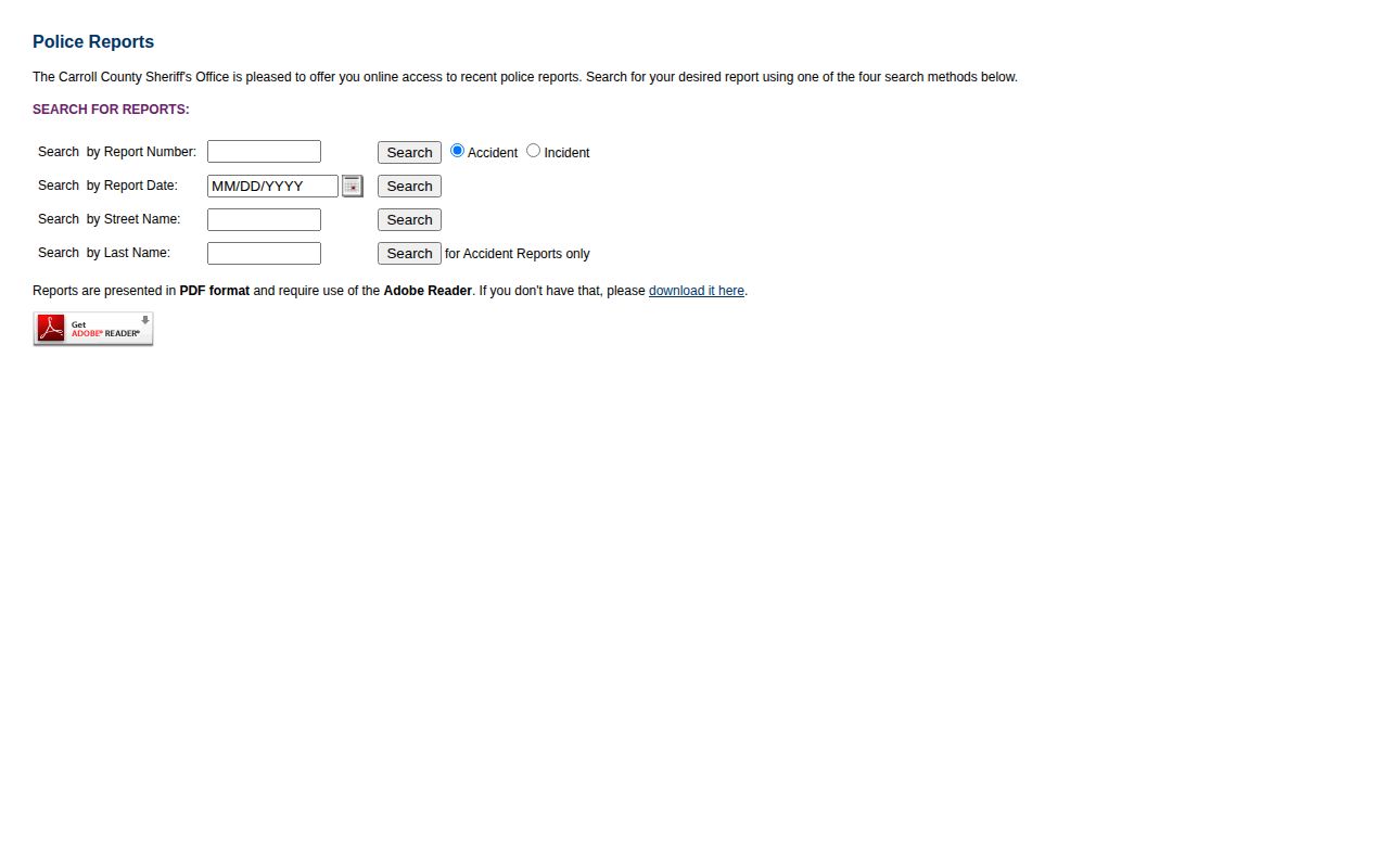 Carroll County arrest and police report search form