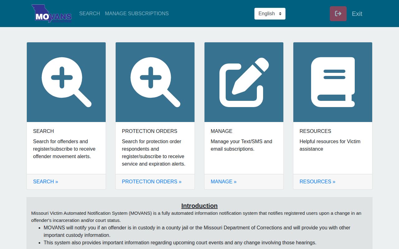 Missouri MOVANS custody information landing page
