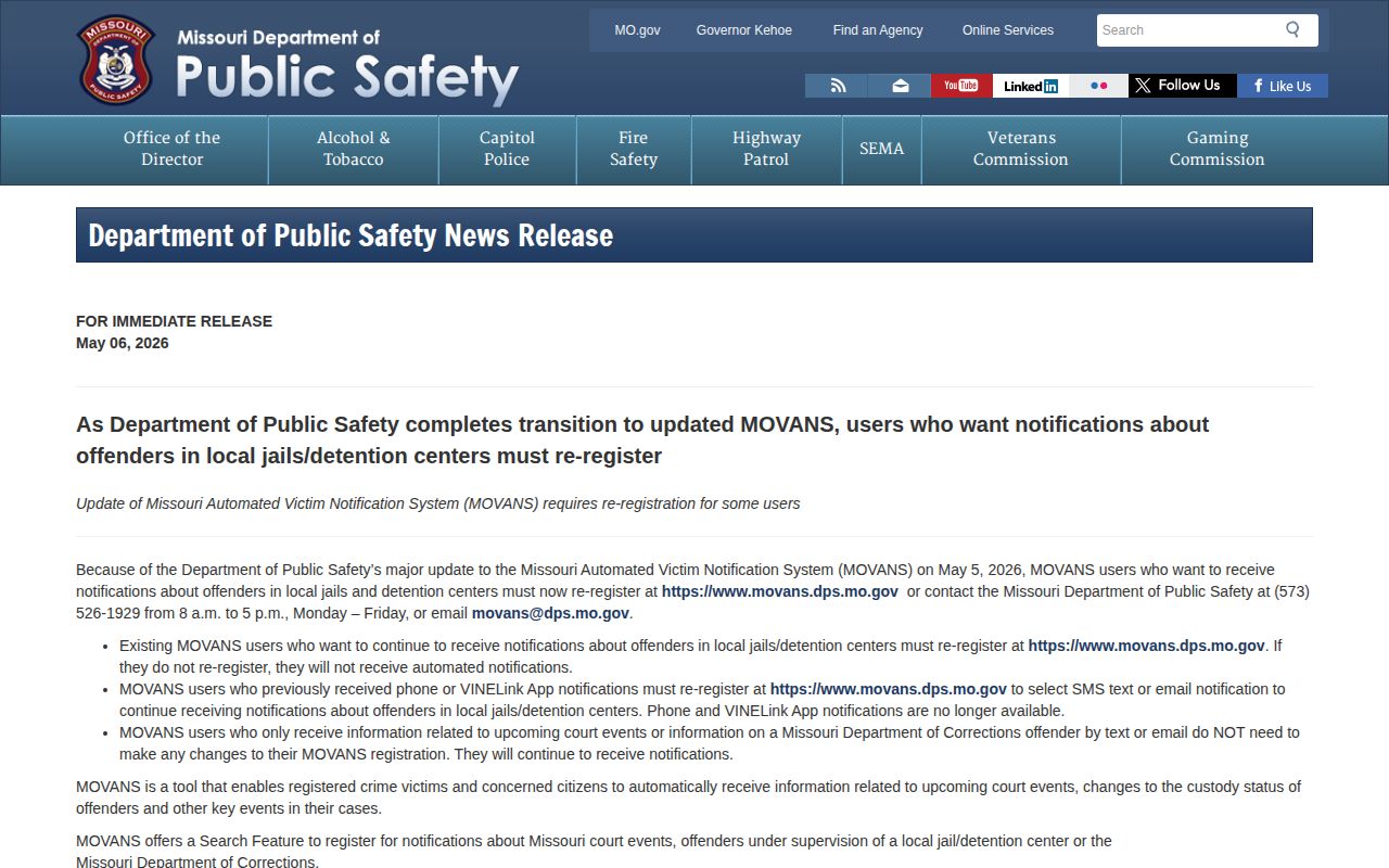 Missouri DPS notice about MOVANS local-jail notification changes