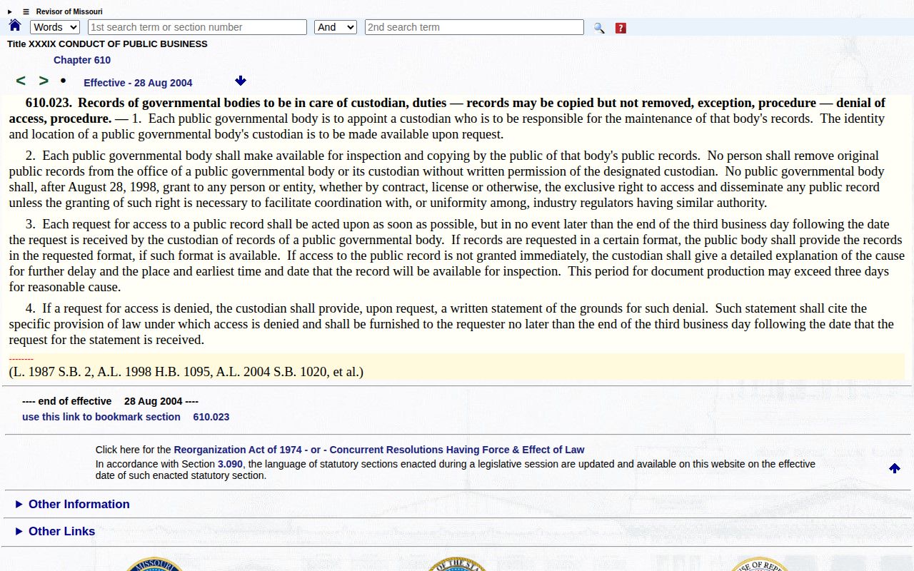 Missouri Sunshine Law response rules for Carroll County arrest records